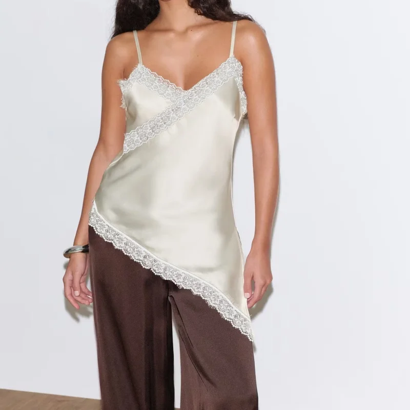 Women Lace Trim Satin Tank Top V Neck Silk Camisole Tops Y2k Chic Asymmetrical Backless Spaghetti Strap Tank Cami Shirts image 5
