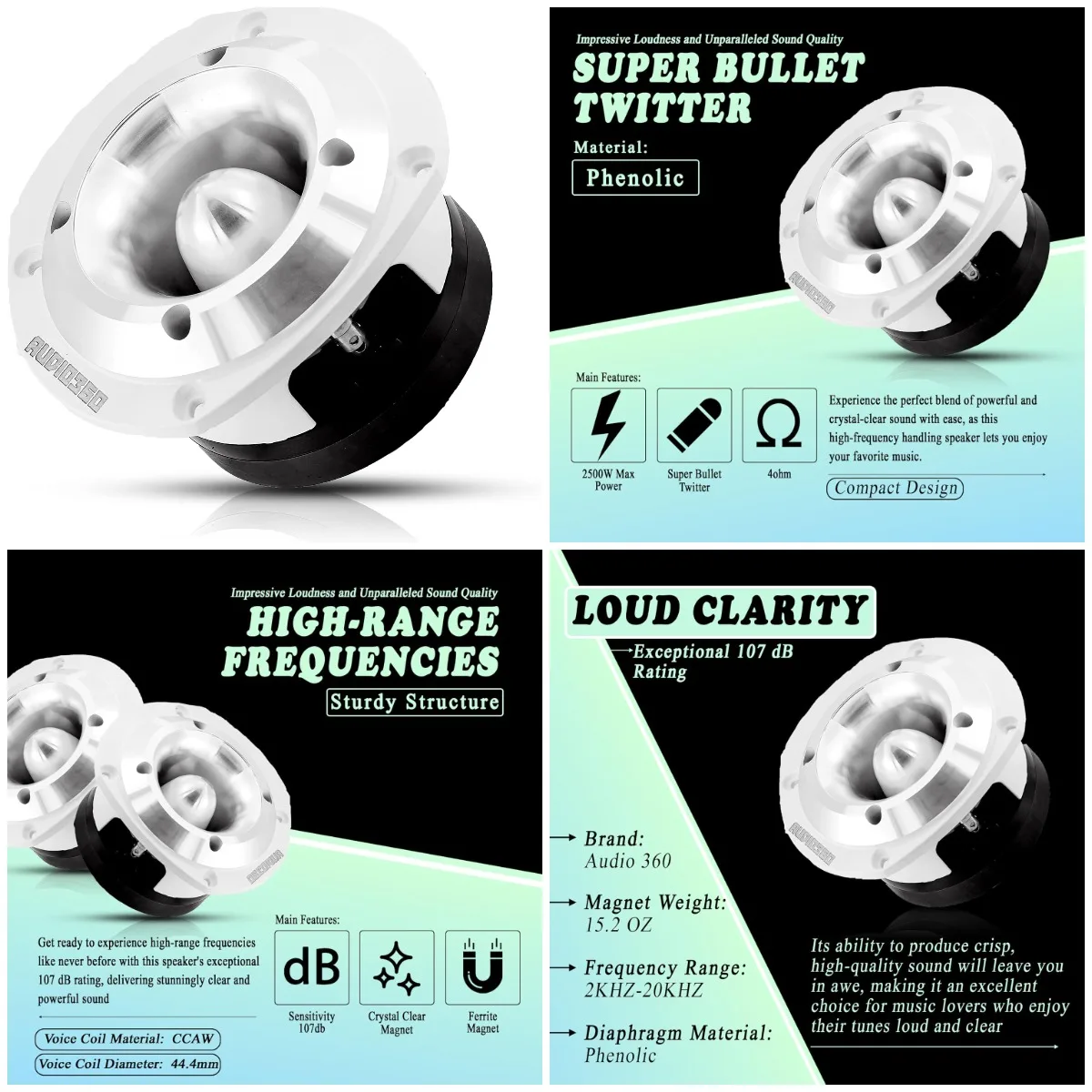 

Audio360 AD48TW 5.49' Super Tweeter, 4 Ohm, 2500W Max, 107dB, Phenolic Diaphragm, CCAW Voice Coil for Car & Marine