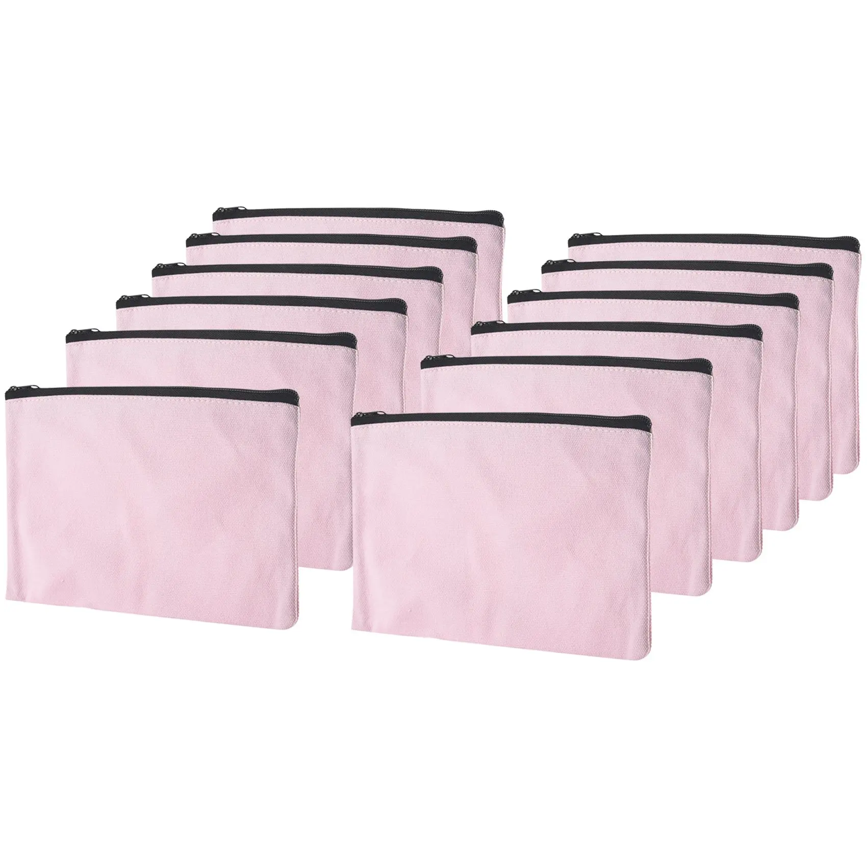 12 Pack Pink Canvas Makeup Bag,Bulk Cosmetic Bags with Multi-Color Zipper,Canvas Zipper Pencil Case Pouch,DIY Craft