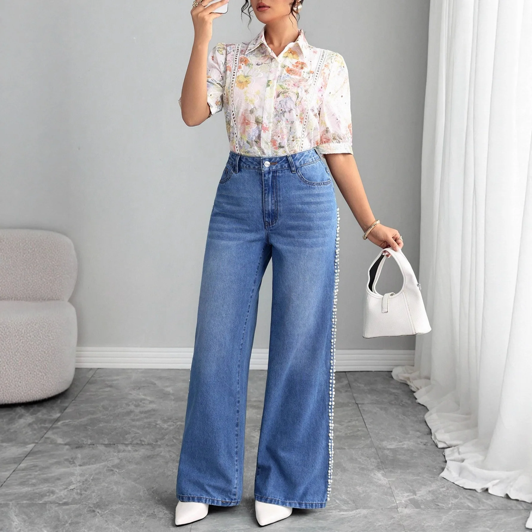 Herfst nieuwe damesjeans parelkant losse rechte denimbroek baggy jeans