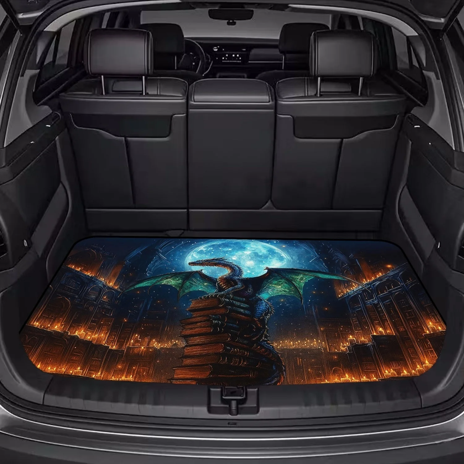 Car Trunk Mat, Fantasy Dragon Ancient Library Full Moon Night Print Cargo Liner, Non-Slip Rear Trunk Protector, Women Car decor, Car Accessories, Interior Decoration Mat, Universal Fit For SUV Sedan Truck,