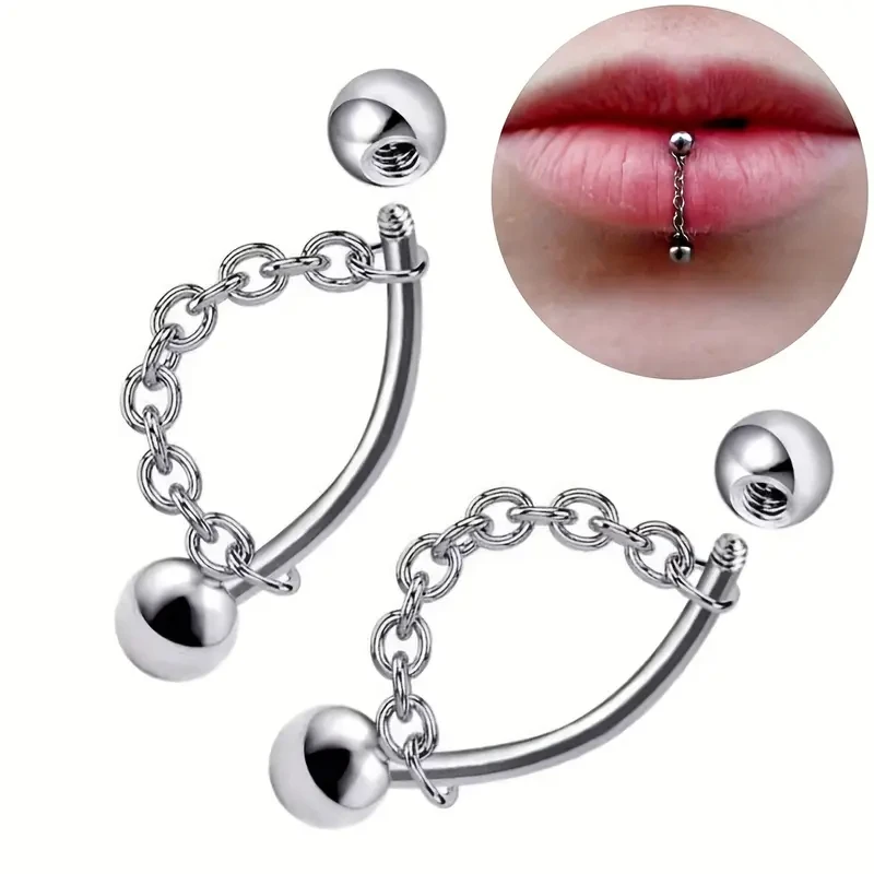 2pcs Set Elegant Stainless Steel Lip & Eyebrow Rings with Rhinestone Chain Design for Daily Wear Piercing Jewelry 6/8/10/12mm