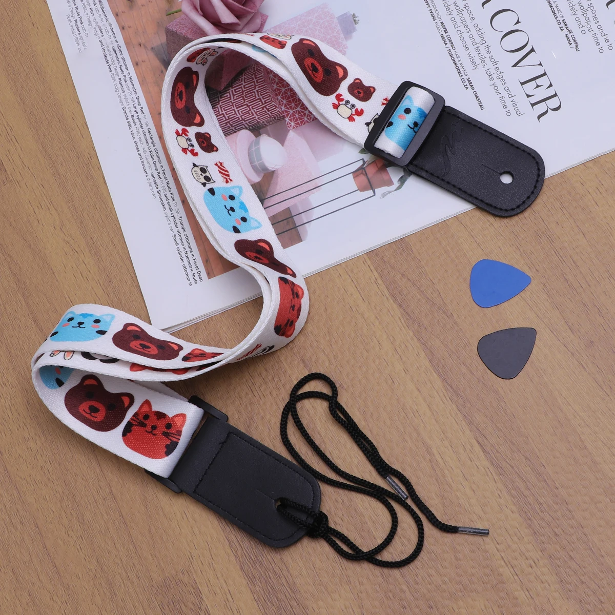 Cartoon Bear Guitar Shoulder Strap Comfortable Polyamide PU Ends Strap Adjustable Adorable Animals Ukulele Strap