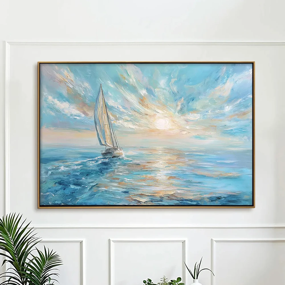 Sailboat Ocean Sunset Painting on Canvas, Wall Art, Abstract Blue Nautical Seascape Painting, Modern Living Room Decor, No Frame