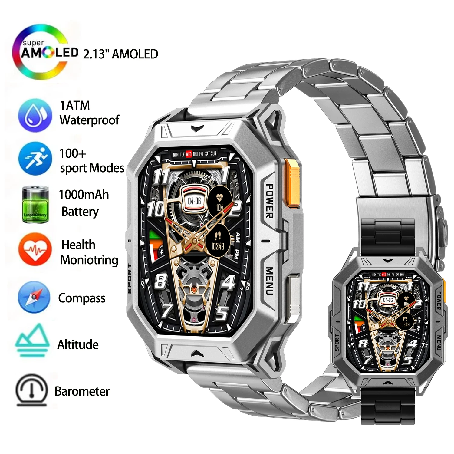 

X1pro Men's Rugged Smart Watch 1000mAh Battery 2.13" AMOLED Screen Compass Altitude Air Pressure 1ATM Waterproof Sports Watch