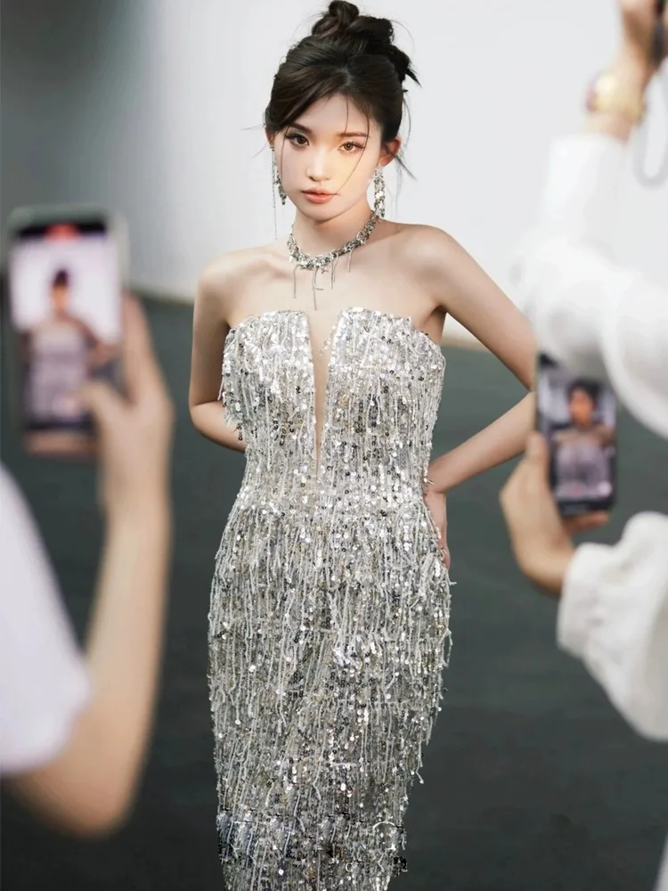 

Ele Long Evening Gown Luxury Embellied Tassel Train Bridal Dr for Women Silver Sequin Host Morning Robe Wedding D...