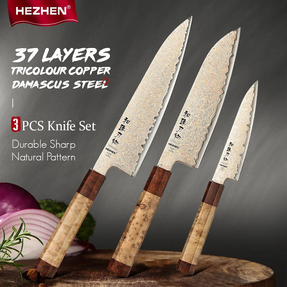 HEZHEN 1PC/3PC Knife Set 37 Layers Tricolour Copper Damascus Steel Cook Knife 12Cr18MoV Steel Core Sharp Kitchen Knife Set