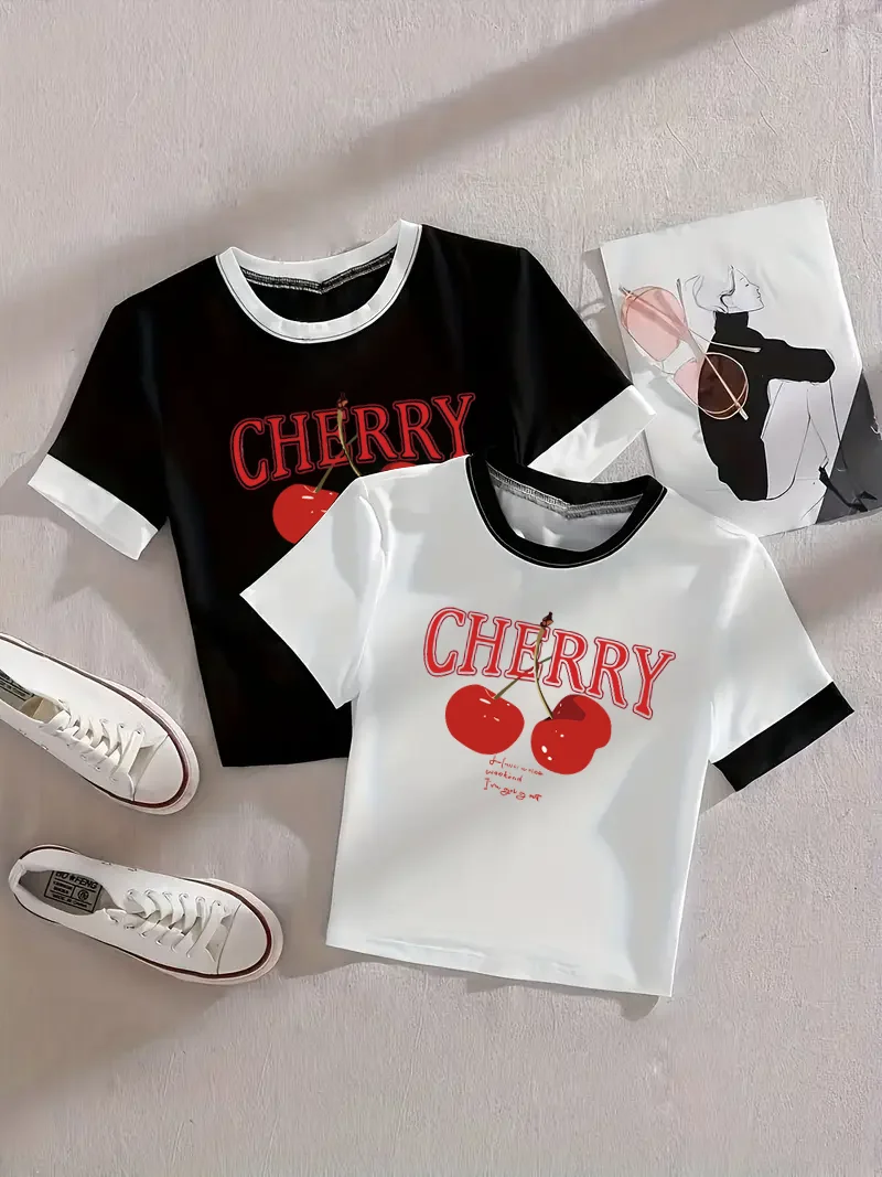2-Pack - Summer Women's Cherry Print Round Neck Casual Short-Sleeved T-Shirt