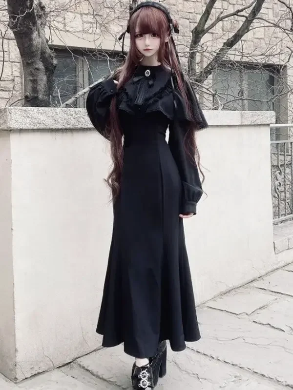 

Новинка 2023 года, весенне-осеннее платье с тонкой талией для женщин, элегантное темное готическое кружевное платье Y2k, эстетичное платье средней длины