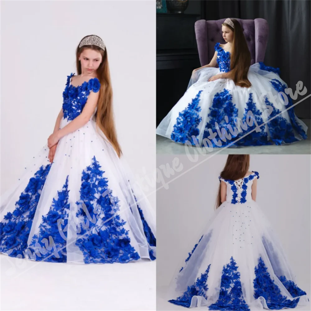 

Elegant White Flower Girl Dress Wedding Fluffy Royal Blue Applique Lace-Up Children's Party Dresses Customize