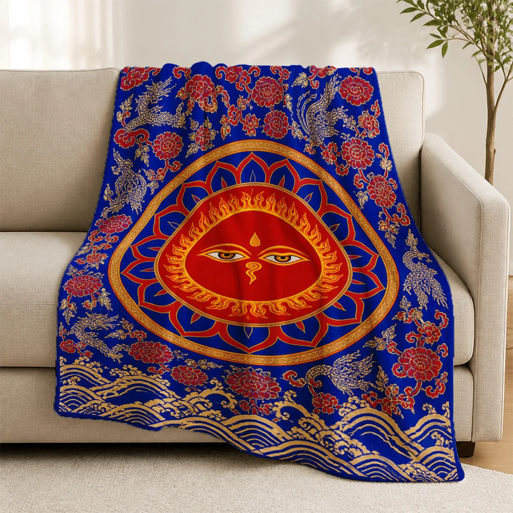 Elegant Royal Blue Mandala Throw Blanket for Sofa Couch Decor Chakra Yoga Spiritual Indian Bohemian Accent Luxury Gift Home Text