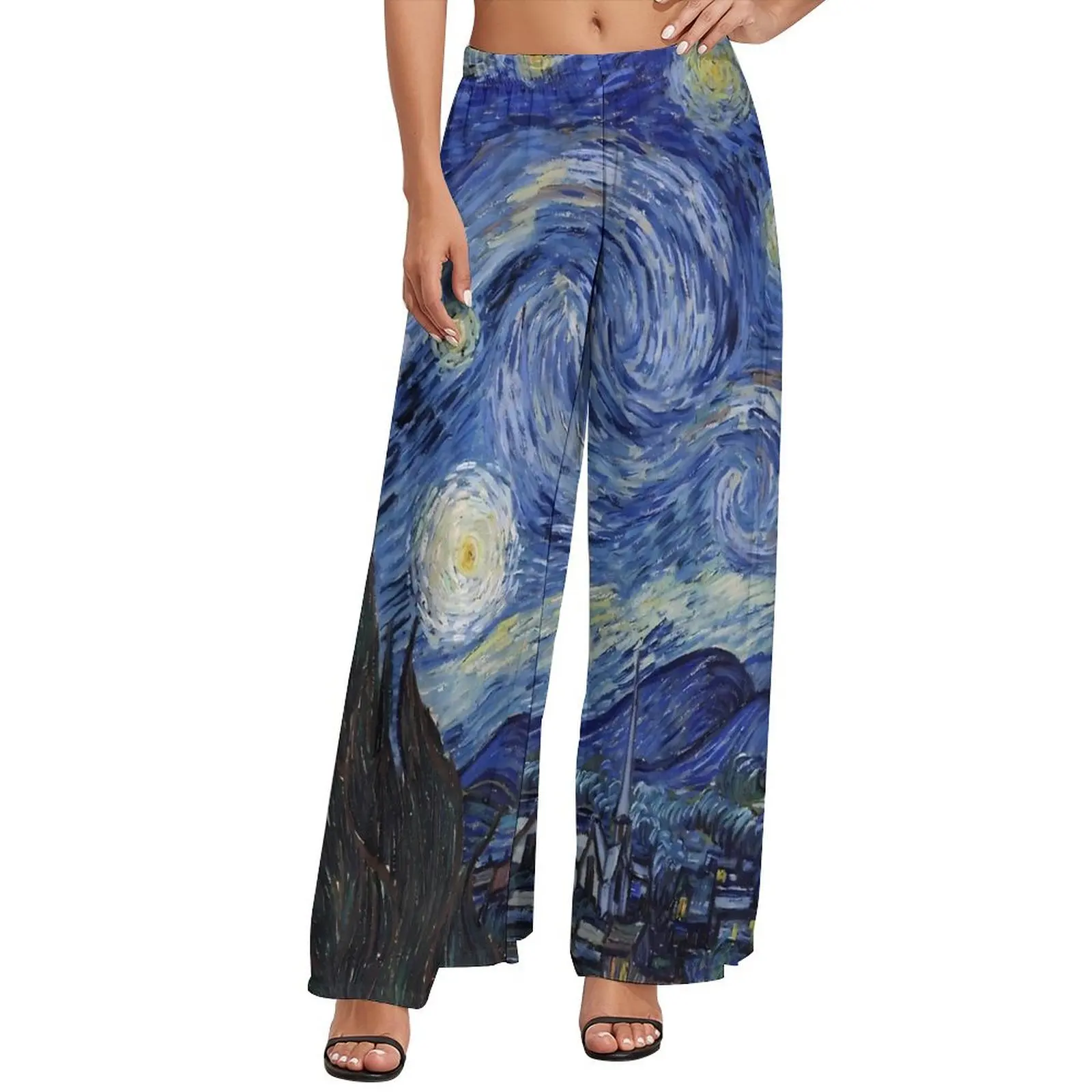 

The Starry Night by Vincent Van Gogh Pants Women Streetwear Trousers Elastic High Waist Workout Wide Leg Pants Gift