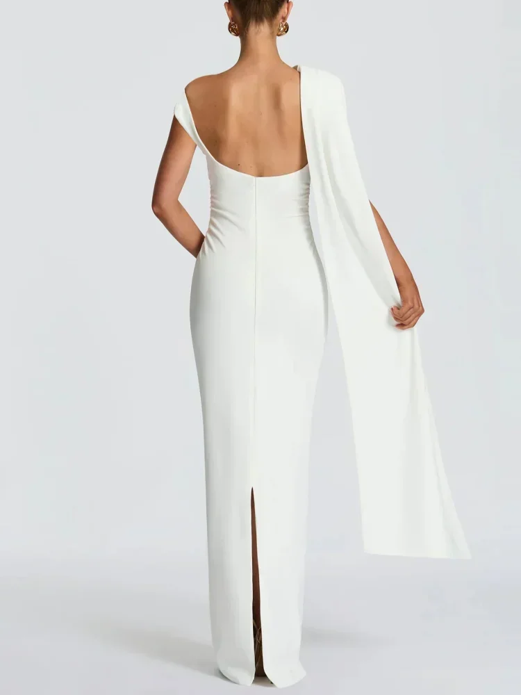 エレガントなワンショルダーロングスカーフドレス女性ファッションノースリーブソリッドスリムプリーツマキシドレス2026レディースイブニングパーティーワンピース