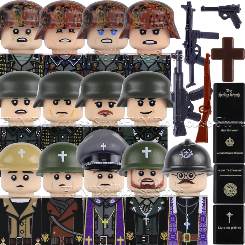 WW2 Military Police Gunner German Soldier Figures Building Block US UK Chaplain Army Camouflage Infantry French Pastor Brick Toy