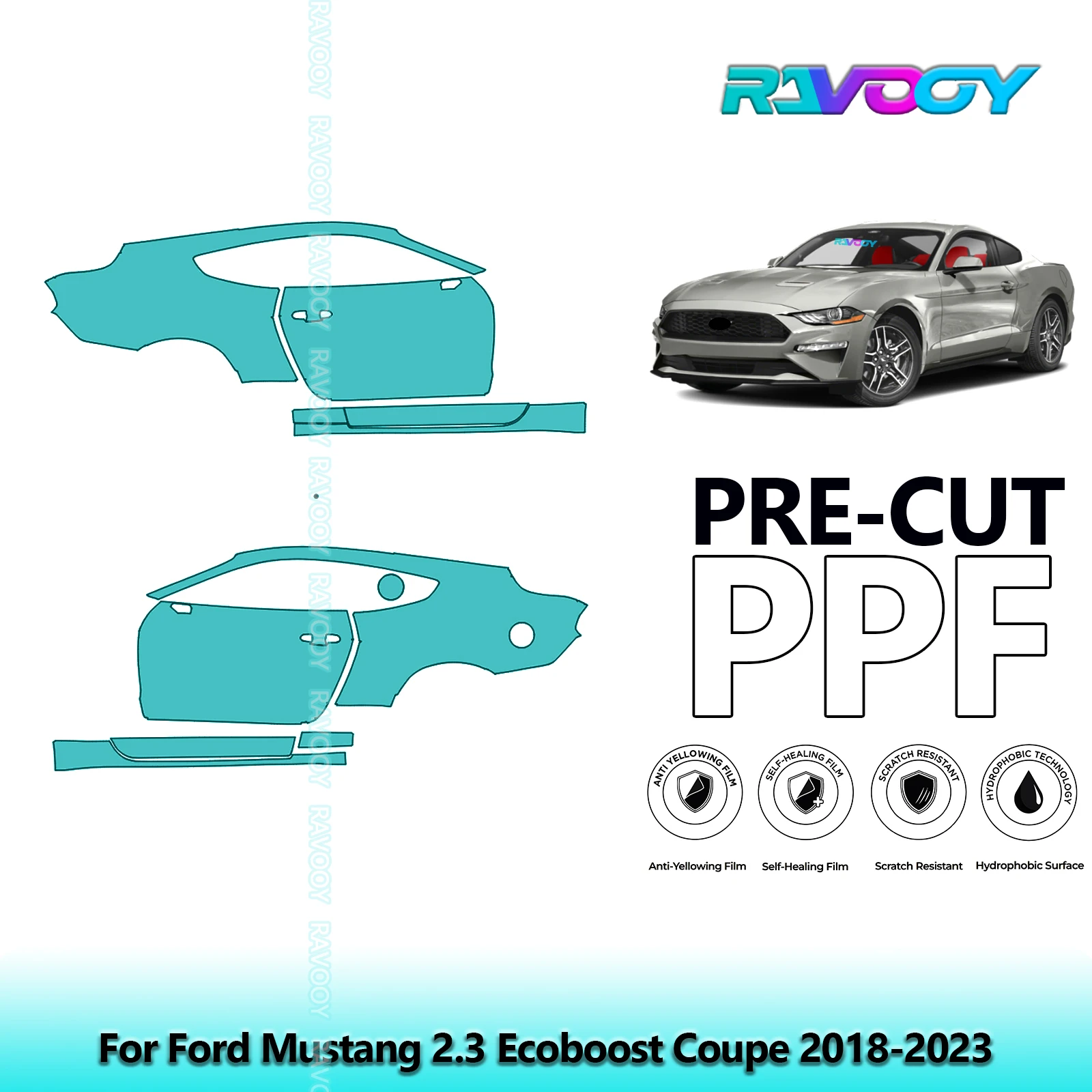 

For Ford Mustang 2.3 Ecoboost Coupe 2018-2023 8.5mil Clear Matte Pre-Cut PPF Door & A/B Pillar Kit TPU Paint Protection Film Set
