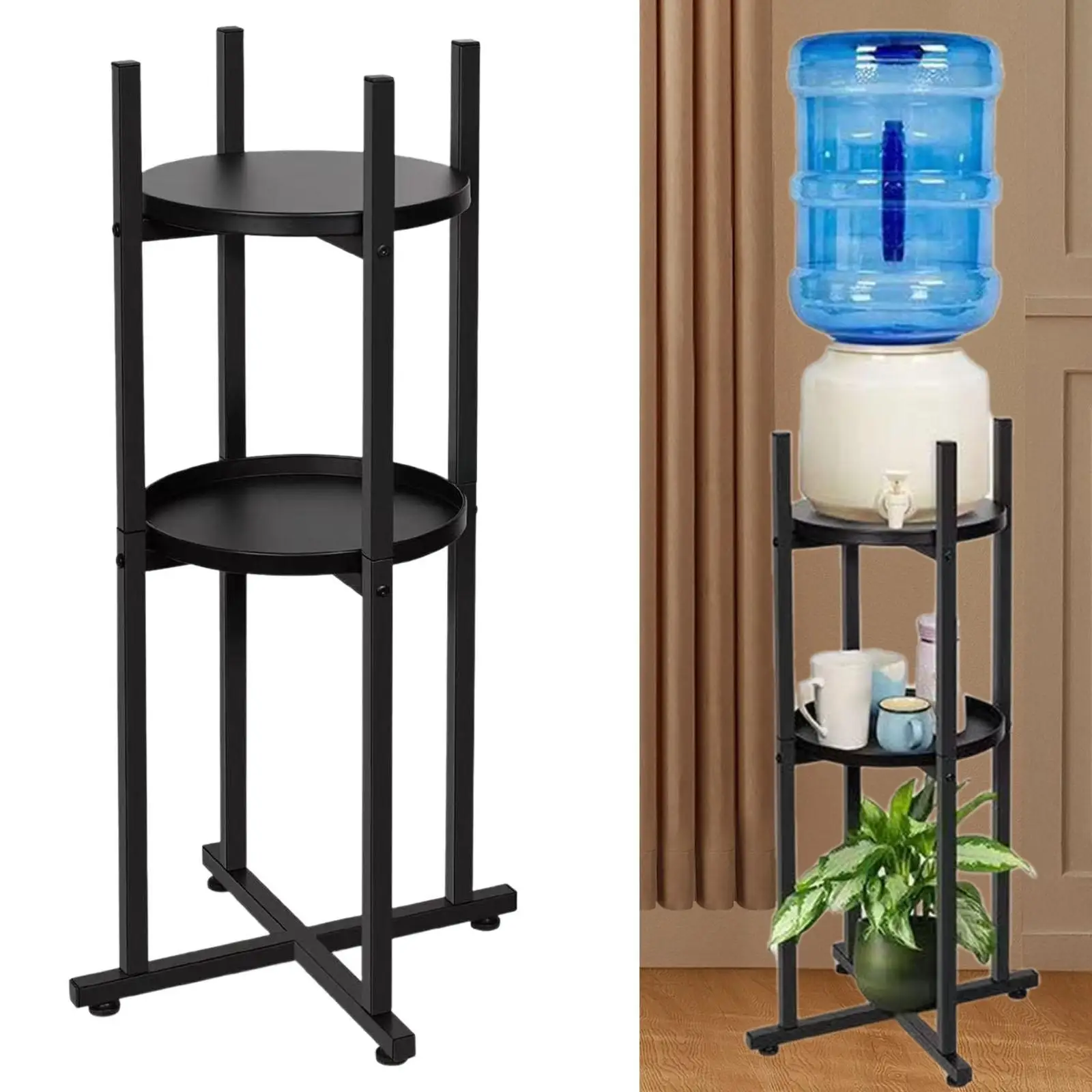 워터 디스펜서 스탠드 물병용 원형 선반 2개가 있는 3단 경량 물 주전자 물병 및 식물 가정용