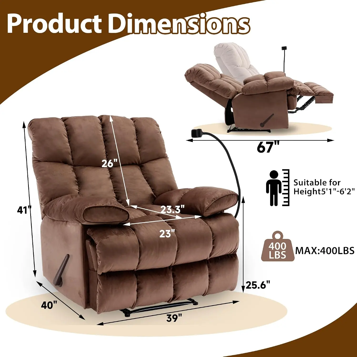 Manual Adjustable Oversized Recliner Chair with Phone Holder, Extra Large Recliner for Heavy Duty Adults 400lbs, Big Man