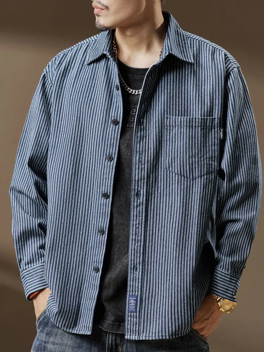 

Американская джинсовая рубашка в полоску с длинными рукавами в стиле ретро, мужская повседневная рубашка на весну и осень, модная универсальная мужская джинсовая рубашка свободного кроя