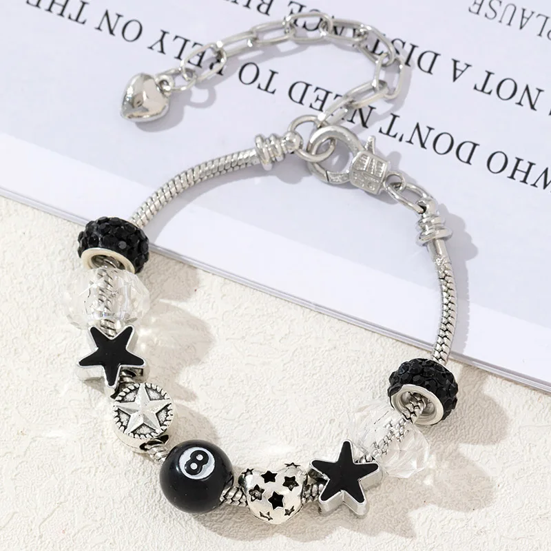 

Crystal Beaded Lucky Cross Love Heart Bracelets for Men Women New Black 8 Ball Star Charm Bracelet Hand Jewelry Casual Accessory