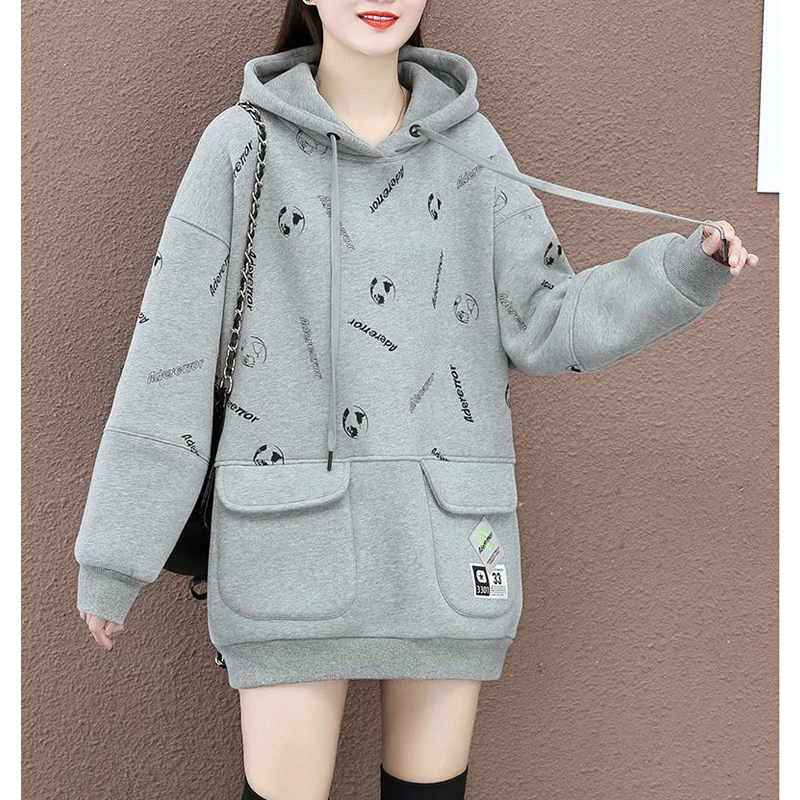 Autumn Winter Women Korean Fashion Print Pocket Oversize Fleece Hooded Sweatshirts Casual Streetwear Long Sleeve Pullover Hoodie