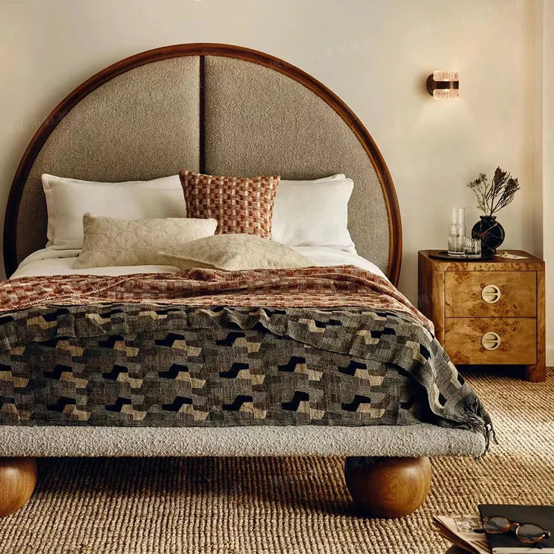 

American solid wood bed, French 1.8m double bed, queen bed, curved upholstery, backrest, simple children's ball bed
