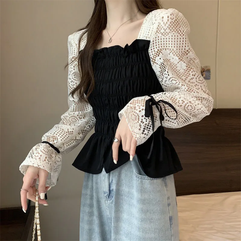 Zoki Hollow Out Chic Sweet Blouse Women Elegant Long Sleeve French Vintage Shirt Fall Sexy Slim Lace Up Lady Square Collar Tops