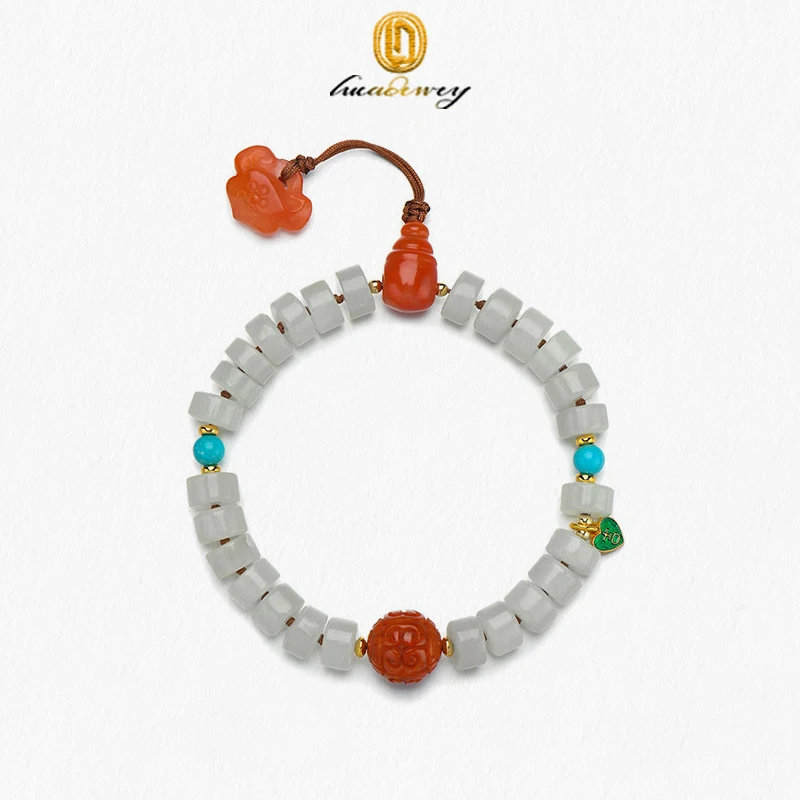 

Natural Hetian White Jade Beaded Women's S Pure Silver Inlaid With Original Mine South Red Emblem Carved Transfer Bead Bracelet