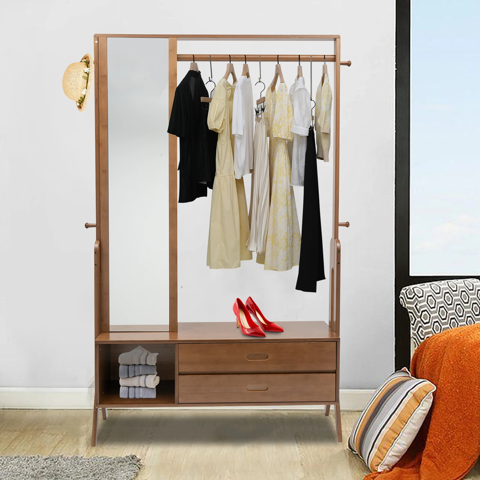 103*33*169.5cm Bamboo Garment Rack Freestanding Closet Organizer Open Wardrobe for Entryway