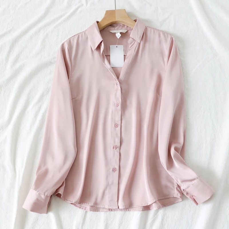 Temperament Smooth Satin Blouse Women Solid Color Long Sleeve Office Ladies Shirt