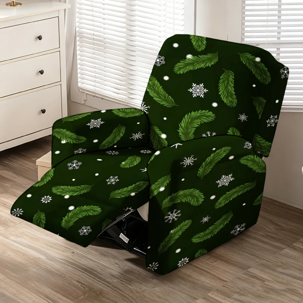 Dark Forest Green Pine Branch White Snowflake Print Stretch Recliner Chair Cover, Washable Full Wrap Lazy Sofa Slipcover