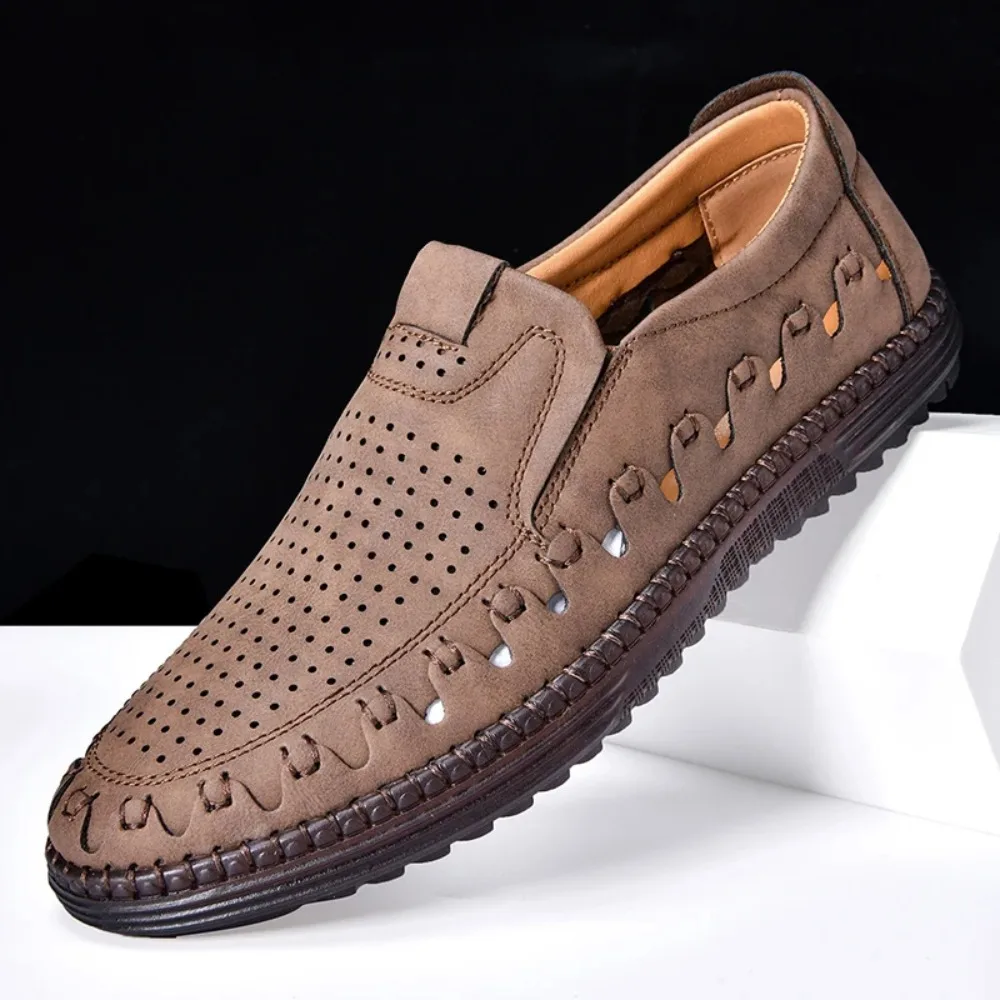 

Summer New Men's Slip-On Soft Bottom Casual Leather Shoes Middle-Aged And Elderly Hollow out Breathable Bean Bean Shoes For Men