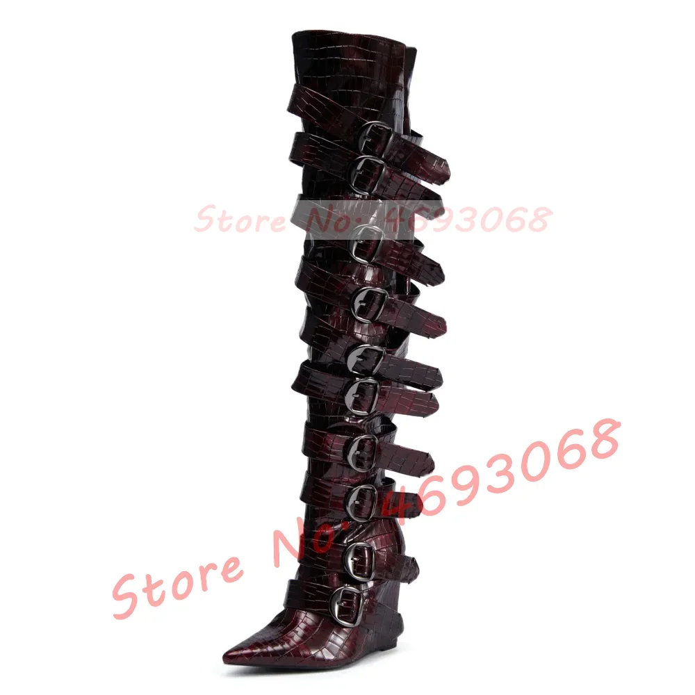 Burgundy Patent Leather Wedge Long Boots Women Sexy Multi Belt Buckle Pointed Toe Shoes Metal Decor Winter New Over Knee Boots