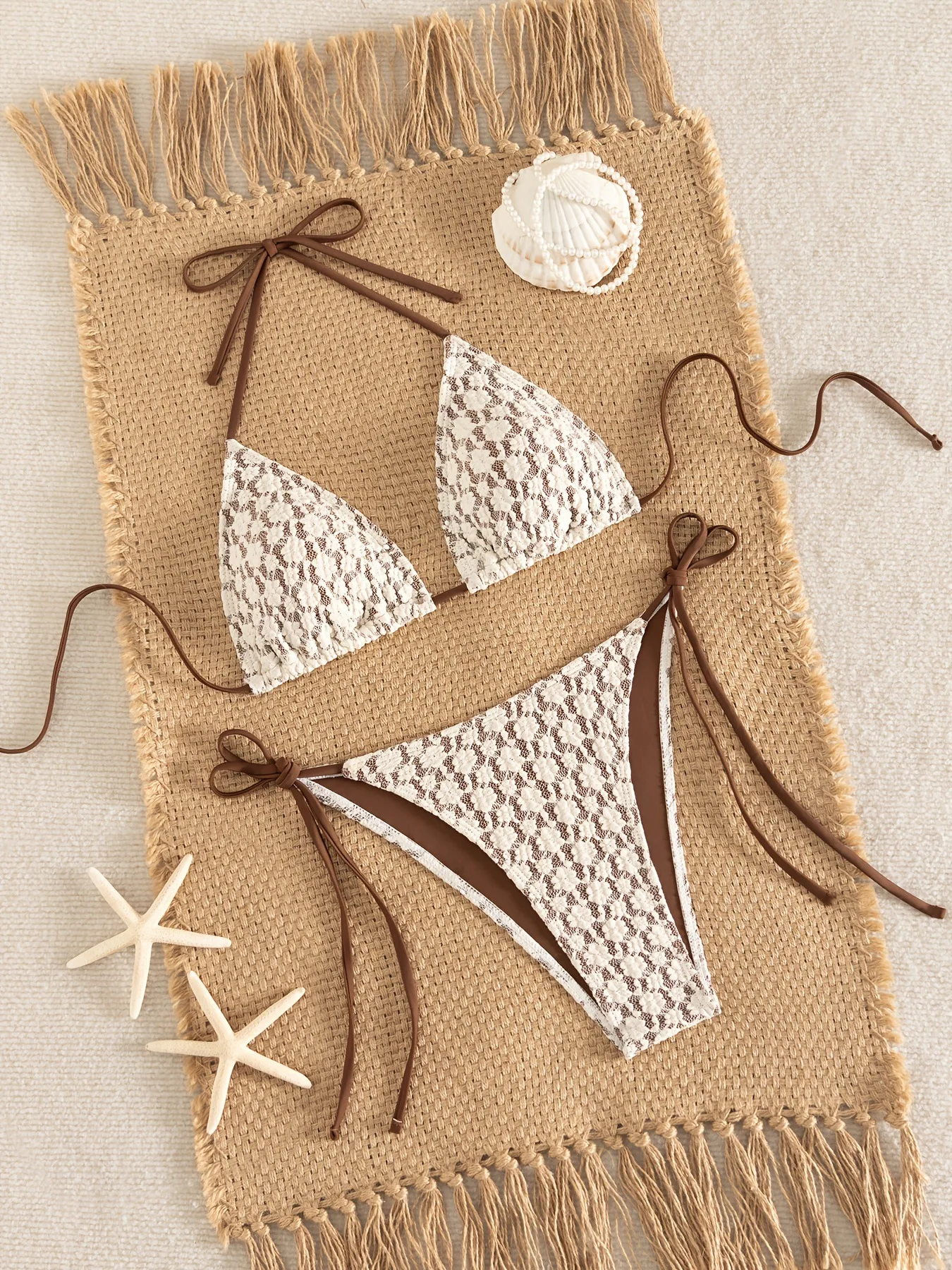 Sexy Beige Lace Patchwork Micro Bikini 2026 Women Halter Push Up Bra Tie Side Thong Swimwear Beach Bathing Suit Holiday Swimsuit