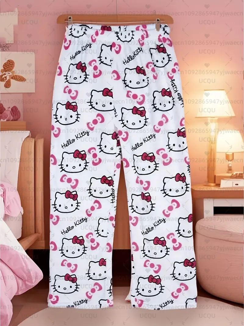 Pantaloni da pigiama lunghi accoglienti invernali da donna Stampa simpatico cartone animato Pigiama caldo Hello Kitty Pantaloni di flanella carini Autunno/Inverno