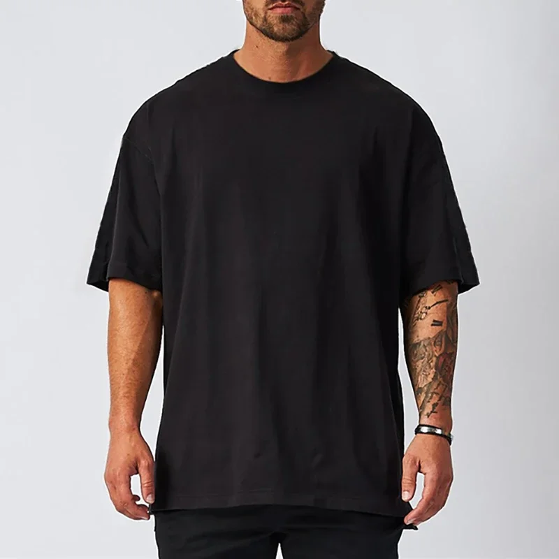 Mens Oversized Fit Short Sleeve T-shirt With Dropped Shoulder Loose Hip Hop Fitness T Shirt Summer Gym Bodybuilding Tops Tees