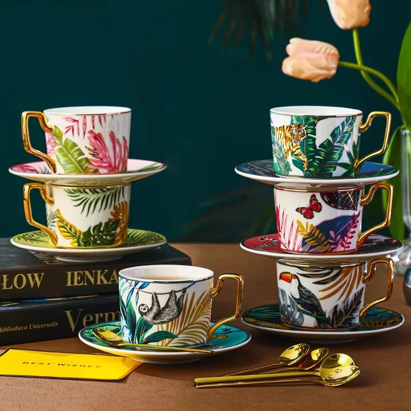 Conjunto de xícara de café com animais da selva, retrô, inglês, chá da tarde, com seis xícaras e colheres em uma caixa