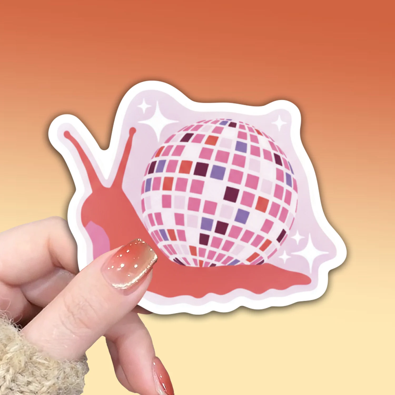 Super cute disco snail sticker, featuring cool pink creatures with mirror ball shells. Laptop and water bottle decoration