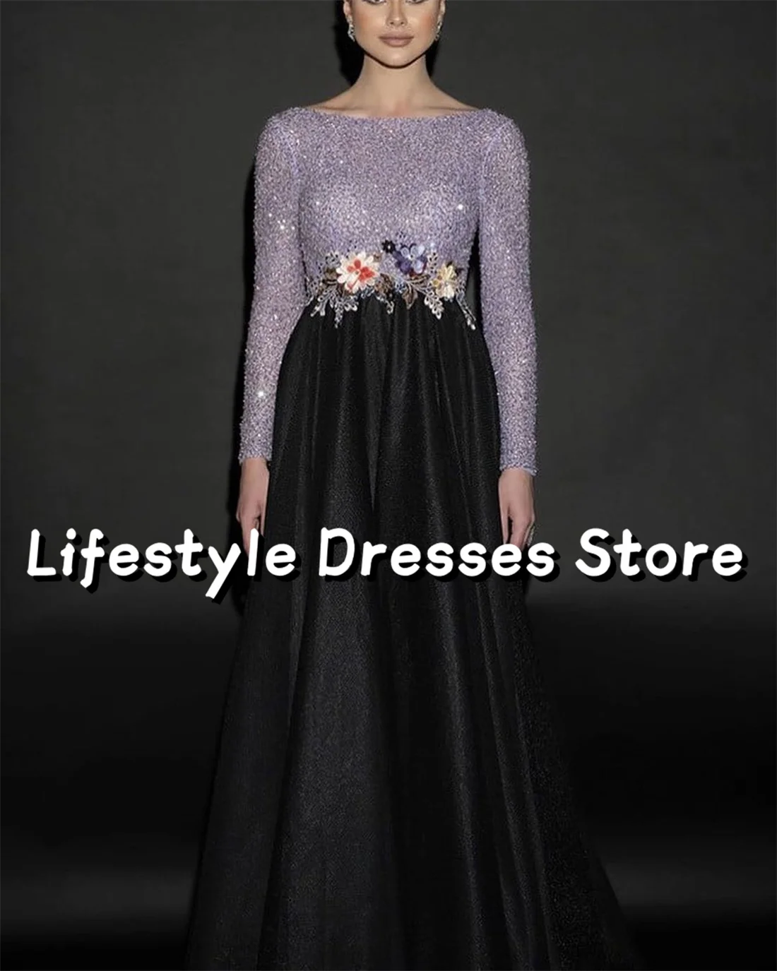 

Lilac Long Sleeves Shiny Prom Dresses A-line Tulle Backless Flower Appliques Party Gown vestidos para eventos especiales