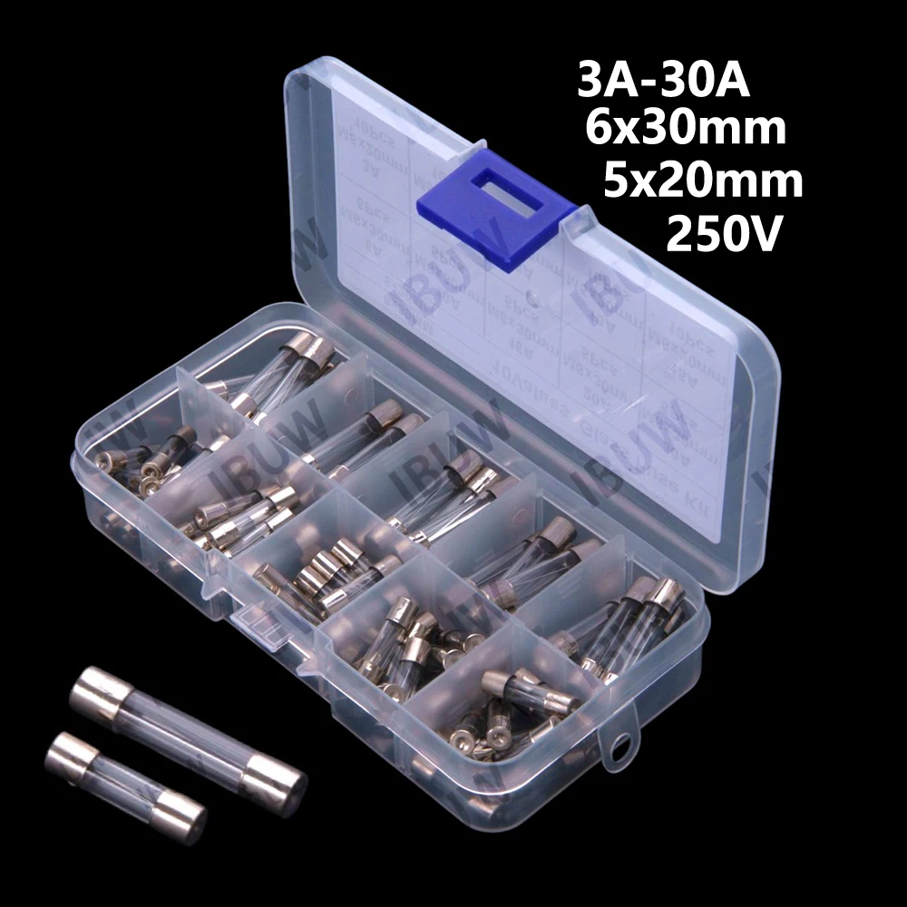 10Valus 3A-30A 6x30mm 5x20mm 250V Glass Fuse, Fuse Tube, 3A 5A 8A 10A 15A 5A  5*20mm 6*30mm 10A 15A 20A 30A