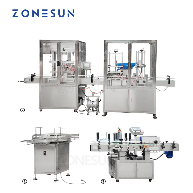 ZONESUN Automatic Desktop Glass Perfume Alcohol Hydrogen Peroxide Cosmetic  Bottle Capping Filling Labeling Packing Machine