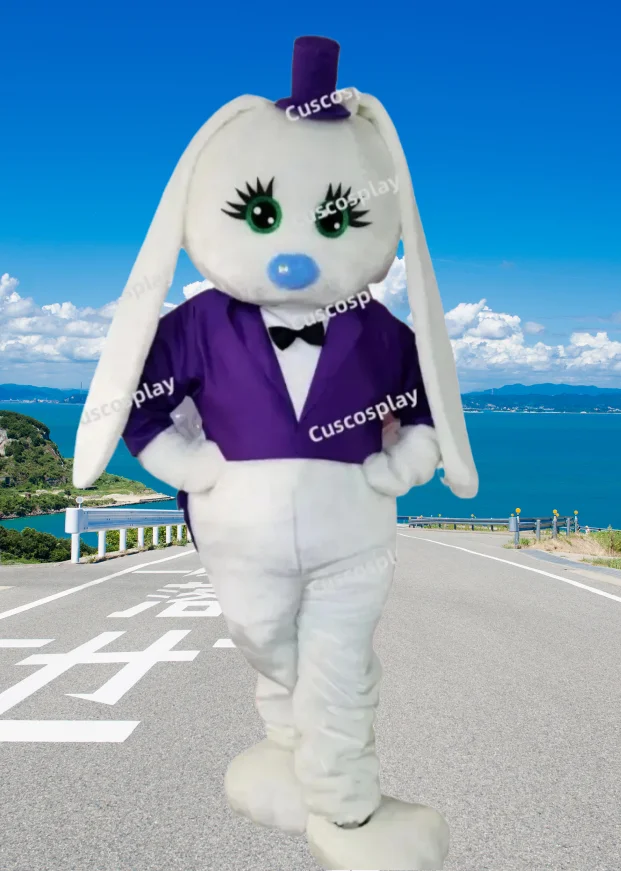 

Cute White Hare Rabbit Mascot Costume Purple Tuxedo Easter Bunny Mascotte Walking Doll Clothes for Fancy Christmas Party Dress