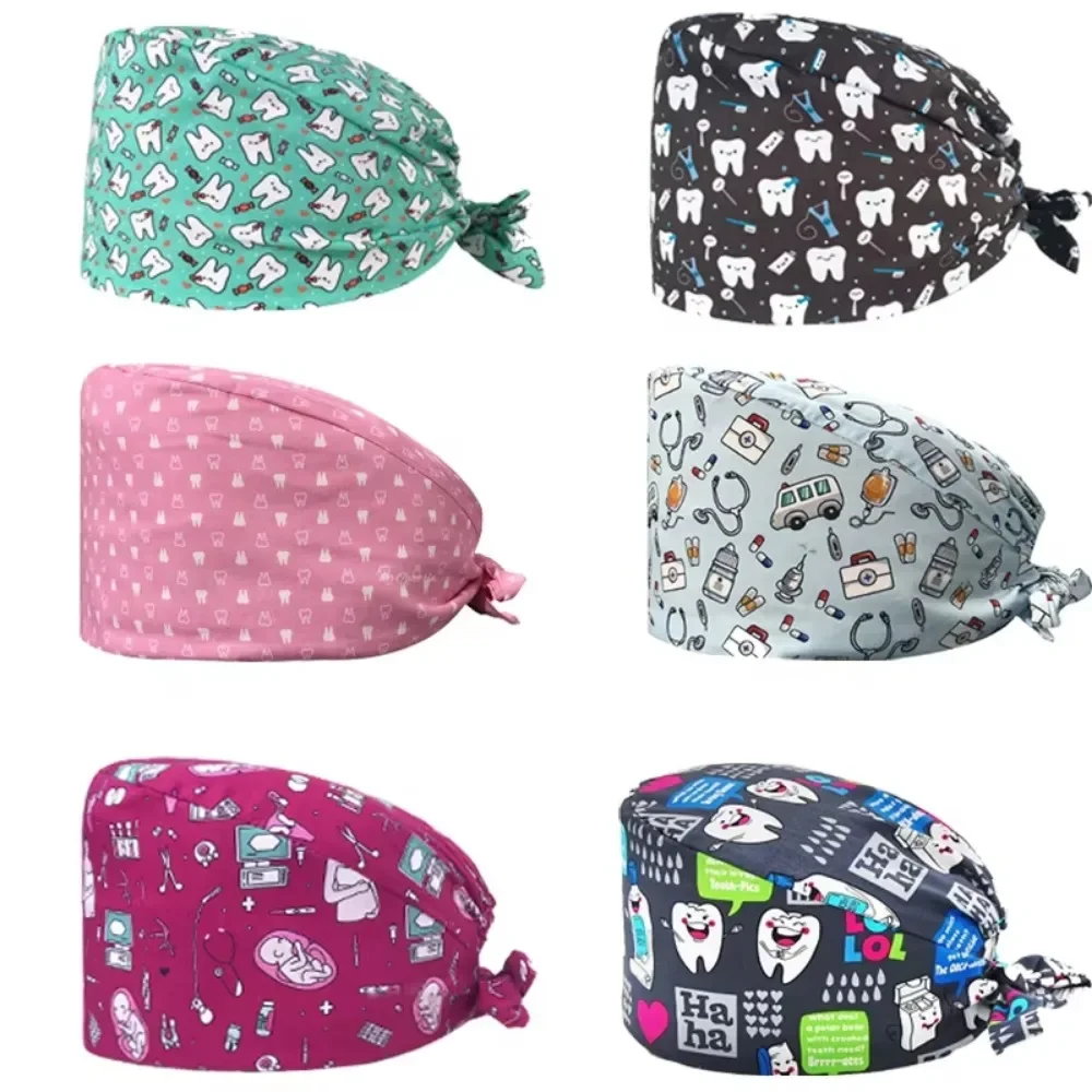 การ์ตูนหมอห้องปฏิบัติการรูปแบบพิมพ์พยาบาลหัวหมวก Lab ขัดโรงพยาบาลสัตว์เลี้ยงหมวกผ่าตัด Unisex ทันตแพทย์หมวกขัด 2023