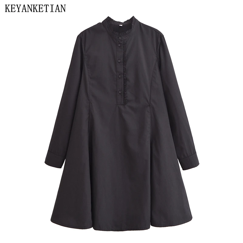 

KEYANKETIAN 2024 Autumn New Women's Black Poplin Shirt Dress Retro style Lace Embellished Loose Long Sleeve A Line Mini Dresses