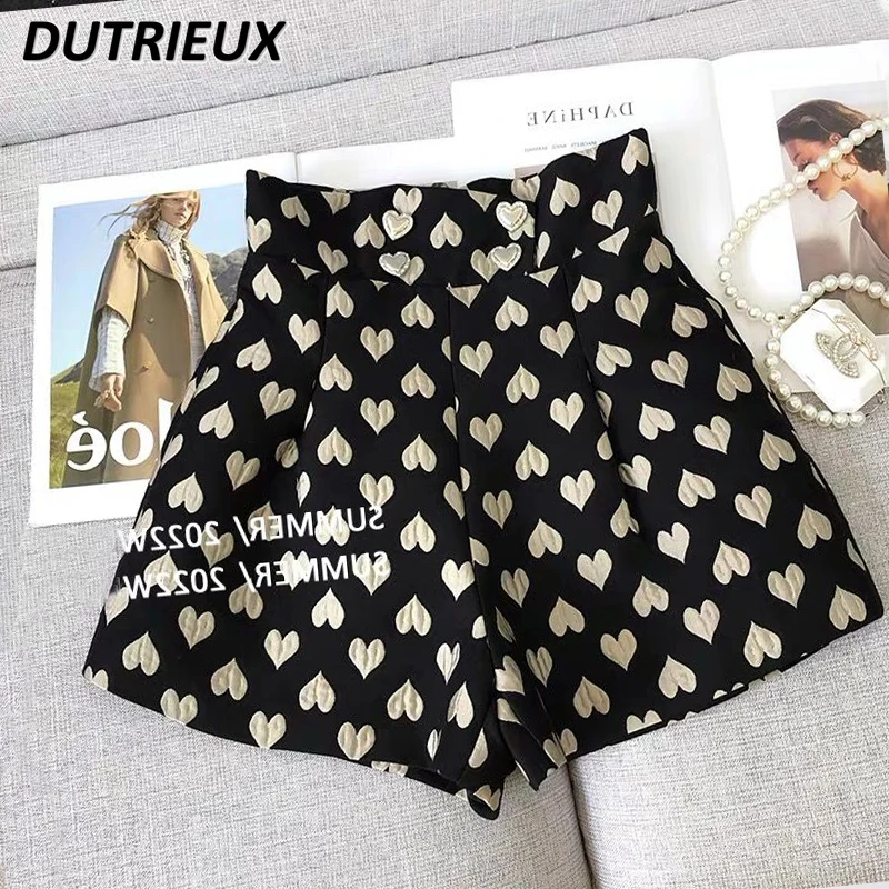 High Waist Wide Leg Short Pants for Lady Elegant Simple Jacquard Love Buckle Casual Shorts Women's Autumn and Winter 2024 New