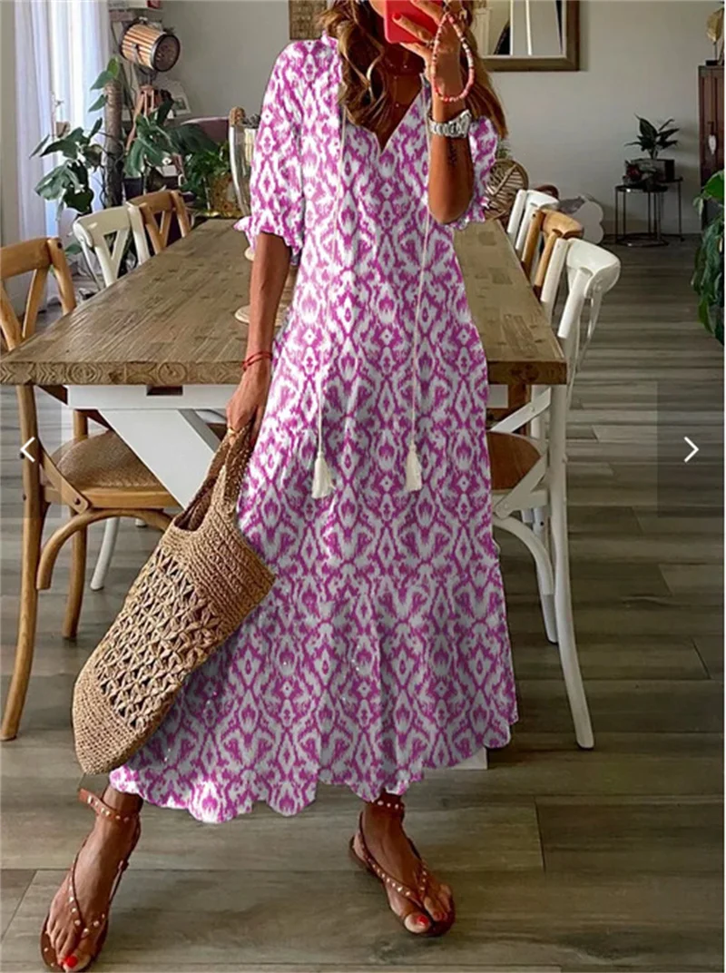 

Elegant Print Suspended Whiskers Decoration Dresses Women's Half Sleeve V Neck Pullover Loose Dressy Ladies Casual Commuter Gown