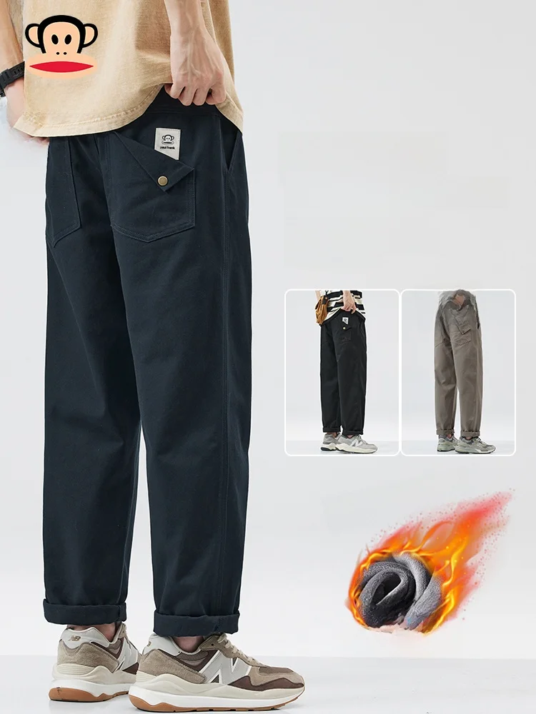 

Мужские повседневные хлопковые рабочие брюки PaulFrank с подкладкой из флиса, свободные, прямого кроя, осенне-зимние, модные, удобные, длинные брюки
