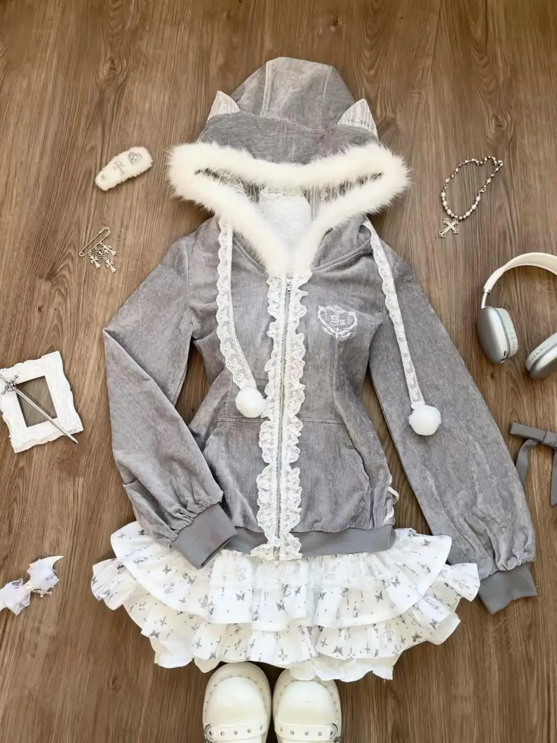 Subculture Grey Suits Women Casual Y2k Faux Fur Coats with Hooded + Mini Skirts Printed Vintage Suits Chic Outfits Y2k Korean