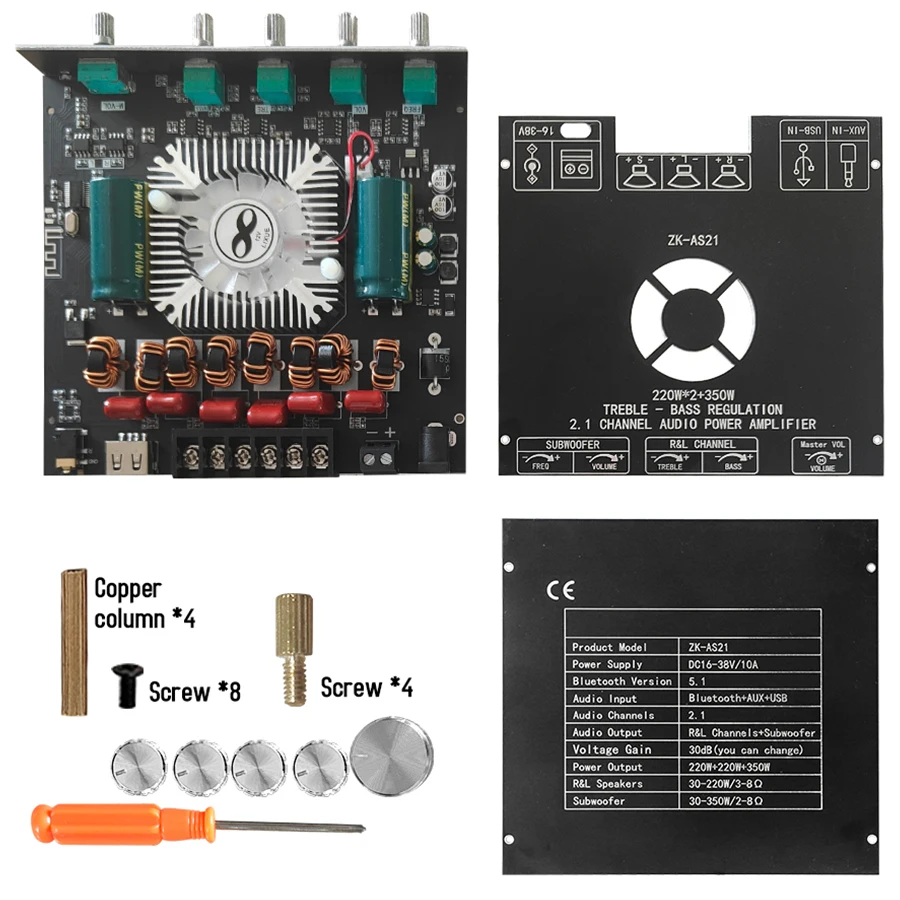 ZK-AS21 2.1 Channel TPA3255 Bluetooth Digital Power Amplifier Board Module High And Low Tone Subwoofer 220WX2+350W