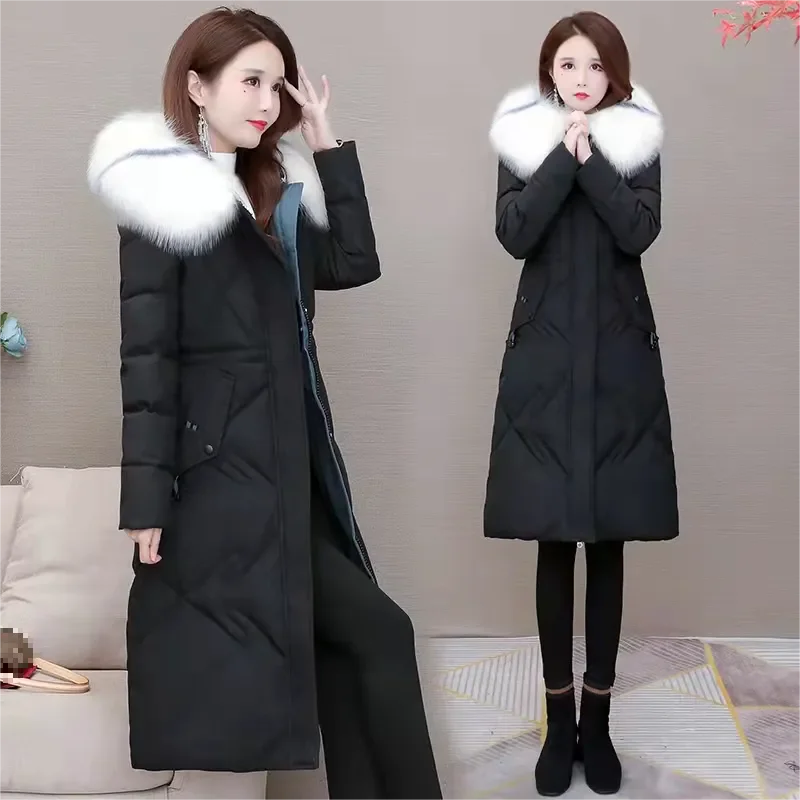 Cotton Padded Jacket Women Version Over The Knee Winter 2024 New Mid-Length Coat Ladies Parkas Big Fur Collar Outwear Female