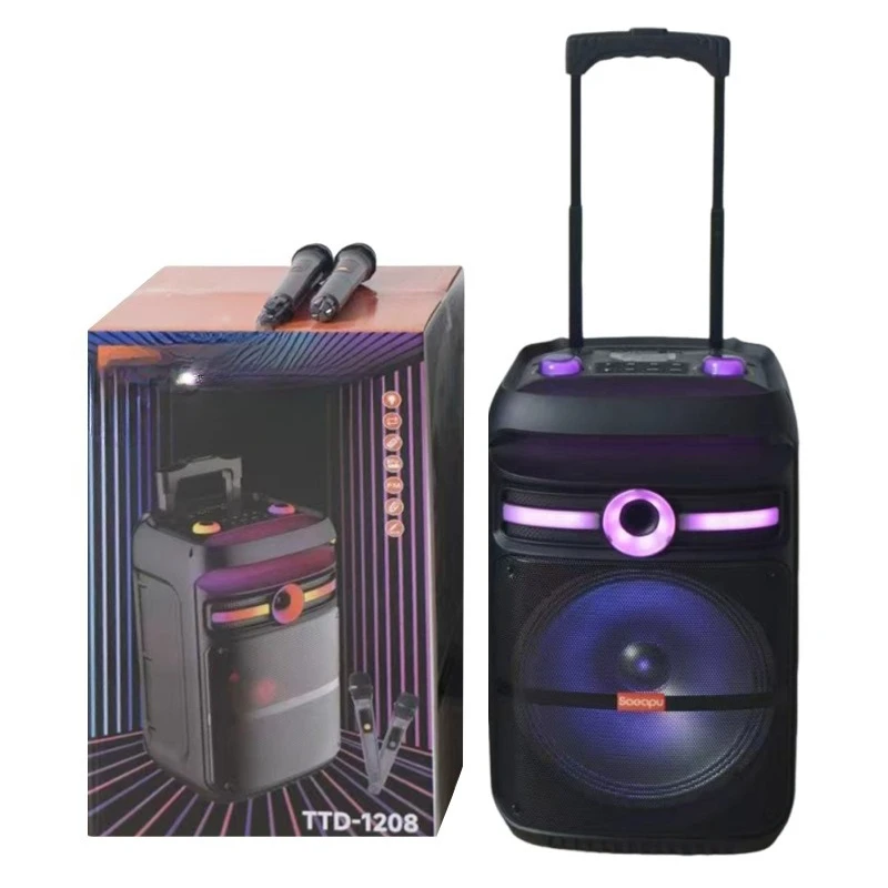 12-Inch outdoor speaker tie rod bluetooth speaker 2 wireless microphones high power 7.4v40w audio with colorful lights